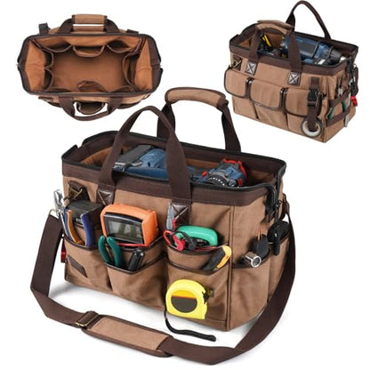 ARCFOX 14 Inch Portable Electrician Tool Bag 21 Pockets - Heavy Duty 16OZ Canvas Tool Bags Organizer with Wide Mouth & Adjustable Shoulder Strap for HVAC, Mechanics, Maintenance, UTV-Effortless Carry