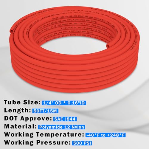 CheeMuii 50FT 1/4" DOT Air Line 1/4 Air Hose PA12 Nylon Pneumatic Tubing - color: Red, size: 1/4"OD-50FT