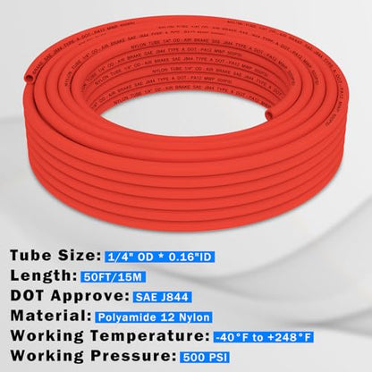 CheeMuii 50FT 1/4" DOT Air Line 1/4 Air Hose PA12 Nylon Pneumatic Tubing - color: Red, size: 1/4"OD-50FT