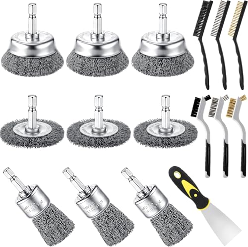 Bokon 16 Pcs Carbon Wire Wheel Brush Set Wire Brush for Drill Bit Nylon/Brass/Stainless Steel Bristle Cleaning Supply Tool Brushes 1/4" Hex Handle for Removing Scrubbing Rust Dirt Kitchen Paint Home
