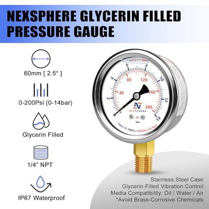 0-200 PSI Liquid Filled Pressure Gauge, 2.5" Dial Size, 304 Stainless Steel Case, 1/4" NPT Lower Mount, Brass Connection, IP67 Waterproof Oil, Water & Air Compressor Pressure Gauge - size: 0-200 PSI, style: Lower Mount