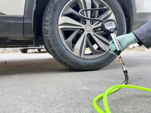RayMagic Air Compressor Hose 1/4 Inch x 100 Feet Flexible Reinforced Polyurethane (PU) Air Hose 300PSI With Brass Fittings, Strain Reliefs, 1/4" 360 Swivel Coupler and Plug,1PCS Safety Coupler - color: Green