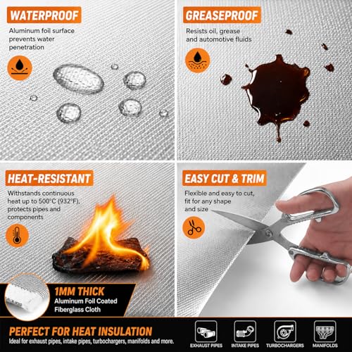 FLASLD Aluminized Heat Shield Mat Thermal Barrier Adhesive Backed Heat Blanket 12'' X 24'', Fiberglass Insulation Reflective Material High Temp Protection - size: 12 x 24 Inch