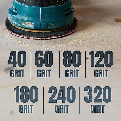 POWERTEC 5 Inch 8 Hole Sanding Discs - 80/100/120/150/220 Grits Sandpaper (10 Each, 50-Pack), Assorted 5" Hook and Loop Sanding Pads for Orbital Sander, DA Sander, Air Sander (44000XG-50)