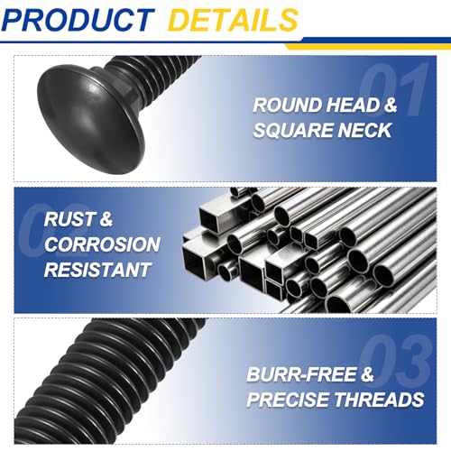 5Pcs 1/2"-13x1 Carriage Round Head Square Neck Bolt 304SS - color: Black, size: 1/2"-13x1"