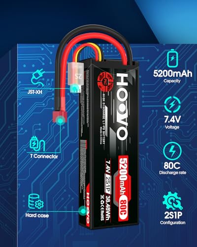 HOOVO 2S 7.4V 5200mAh 80C RC LiPo Battery Hard Case with T Connector 2 Pack - style: 2S 5200mAh