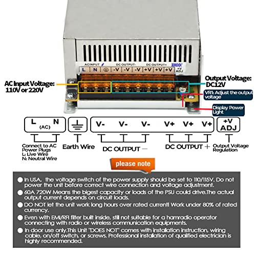 XINCOL AC to DC Converter AC110V/220V to DC12V 60A 720W Switched Mode Switching Power Supply (SMPS) Transformer Driver Adapter for LED Strip Light with Big Built-in Fan
