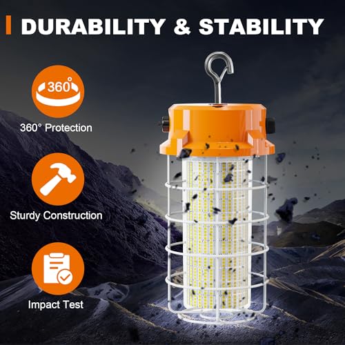 150W LED Temporary Work Light 22500lm 5000K Construction Lighting Temp Light High Bay Fixture, Hanging Temporary Work Lights with Stainless Steel Safety Guard Sturdy Hook for Mine Workshop Jobsite - style: 150W