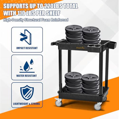 ELAFROS 2-Shelf Heavy Duty Plastic Rolling Utility Cart, 28x19 in, 330 lbs