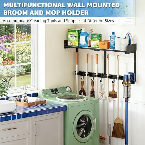 HUFAND 27 Inch Mop and Broom Holder Wall Mount with Storage Shelf & Hooks - color: Black, size: Large