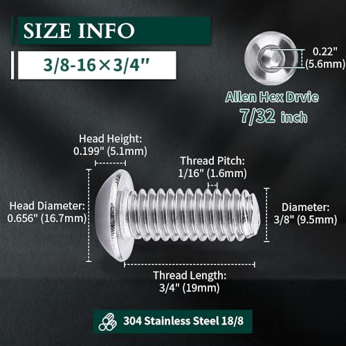 3/8-16 x 3/4" Button Head Socket Cap Bolts Screws, 304 Stainless Steel 18-8, Full Thread, Coarse Thread UNC, Allen Hex Drive, 10 PCS - size: 3/8-16 x 3/4"