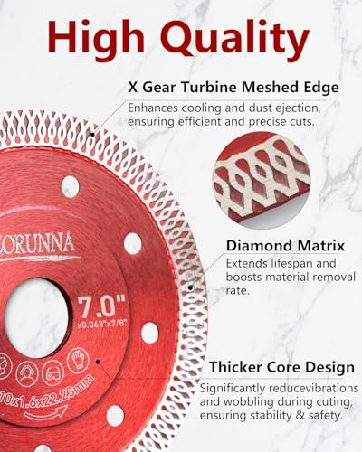 ZORUNNA 2Pcs 7" Tile Saw Blade, Diamond Blade for Angle Grinder 7/8" Arbor - size: 7"