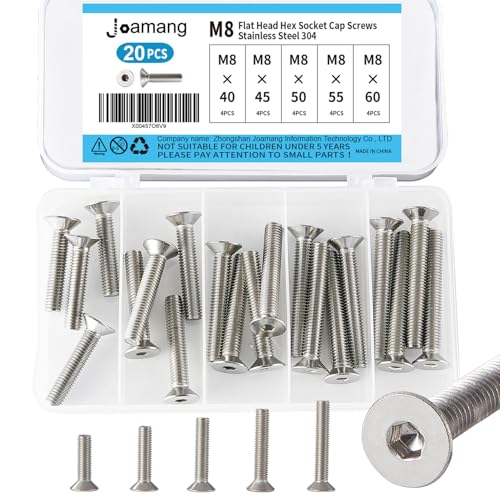 M8 x 40mm 45mm 50mm 55mm 60mm Flat Head Hex Socket Cap Screws Countersunk Bolts, Stainless Steel 304, Metric Allen Drive, Bright Finish, Fully Threaded, Assortment Kit 20PCS - size: M8x40/45/50/55/60 mm