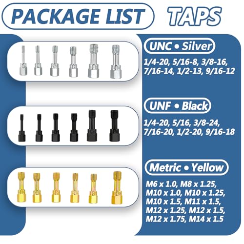 49pcs Thread Chaser Set Metric & SAE Thread Repair Kit with 22 Taps 24 Dies 3 Thread Files UNC UNF & Metric Thread Restorer Tool