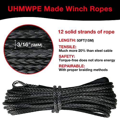 3/16" Synthetic Winch Rope 50 ft 8,500 lb UHMWPE Winch Cable Replacement Kit with Protective Sleeve, Thimble, Compatible with ATV UTV Truck Winches, Black - color: Black, size: 3/16 In x 50 Ft Standard