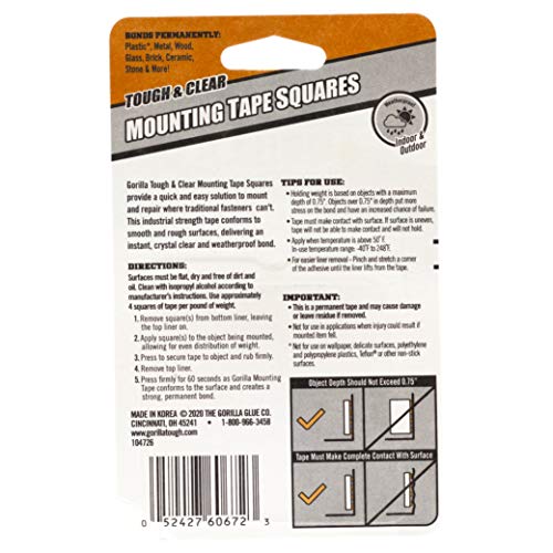 GORILLA Invisible Hold Double Sided Tape, 24 Pre-Cut 1" Mounting Squares