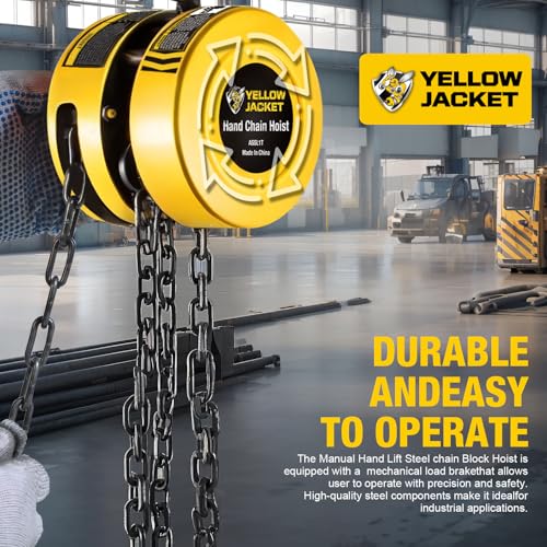 YELLOW JACKET Hand Chain Hoist 1 Ton 2200 Lbs Capacity Chain Block, 10 Feet with 2 Heavy Duty Hooks for Warehouse Automotive Machinery, Manual Chain for Lifting Good, Yellow