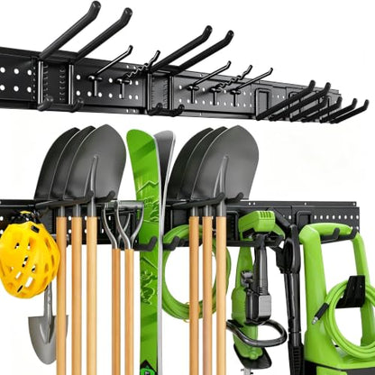 Garage Tool Organizer Wall Mount, 49.5 Inch Heavy Duty Garage Organization System with 10 Adjustable Hooks, Garden Tool Storage Rack for Garage, Yard & Shed, Holds Up to 400 lbs - size: 49.5" | 3 Panels + 10 Hooks