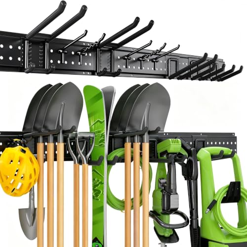 Garage Tool Organizer Wall Mount, 49.5 Inch Heavy Duty Garage Organization System with 10 Adjustable Hooks, Garden Tool Storage Rack for Garage, Yard & Shed, Holds Up to 400 lbs - size: 49.5" | 3 Panels + 10 Hooks