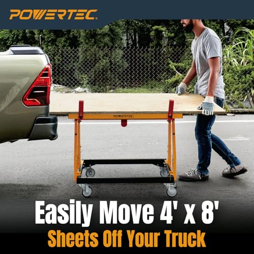 POWERTEC Panel Transfer Cart with Tilting Top - Multi-Purpose Mobile Shop Stand, 220lbs Capacity, 31-37" Adjustable Height, 4" TPR Wheels - 2 Casters with Brake 2 Without (UT1011)