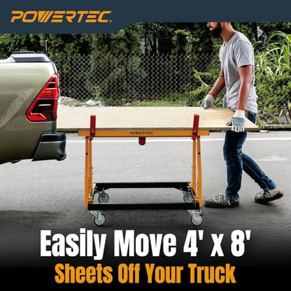 POWERTEC Panel Transfer Cart with Tilting Top - Multi-Purpose Mobile Shop Stand, 220lbs Capacity, 31-37" Adjustable Height, 4" TPR Wheels - 2 Casters with Brake 2 Without (UT1011)