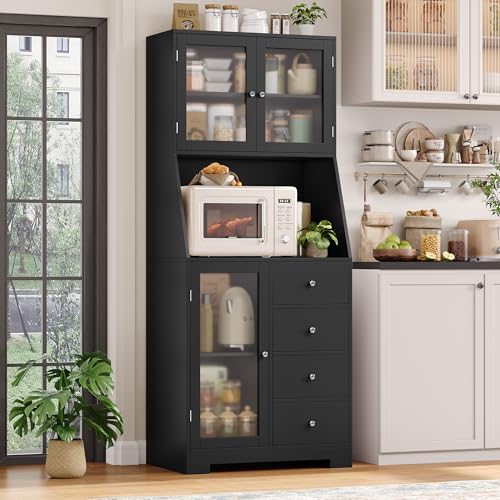 BOTLOG 64'' Kitchen Pantry Storage Cabinet, Tall Kitchen Storage Cabinet with Microwave Stand, Hutch Cabinet with Adjustable Shelves, for Dining Room, Black - color: Black