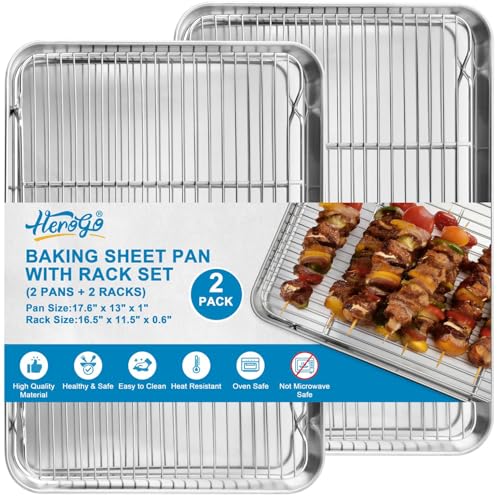 Herogo Stainless Steel Half Sheet Baking Pan with Rack Set,18" x 13" x 1" - size: 17.7 x 13 x 1 inch