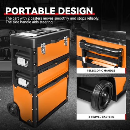 Auto Dynasty 3-Tier Rolling Trolley Tool Box Stackable w/Wheels, Orange - color: Orange