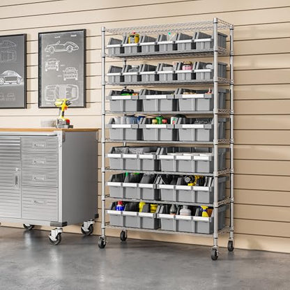 8-Tier NSF 24-Bin Steel Wire Shelving Rack, 36"W x 14.25"D x 63.5"H, Gray - color: Gray, size: 8-Tier Includes 24 Bins