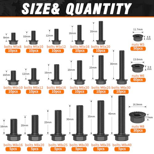 M5 M6 M8 Bolts and Nuts Assortment Grade 10.9 Flanged Hex Bolts Flange Nuts - color: Black, size: M5 M6 M8