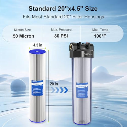 20" x 4.5" Pleated Sediment Water Filter Cartridge 50 Micron 2-Pack - size: 2 Count (Pack of 1), style: 50 Micron