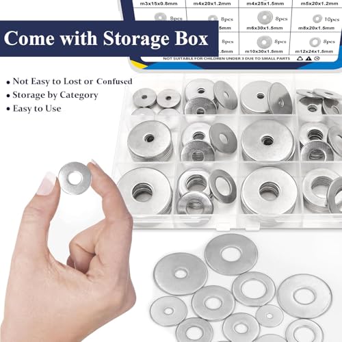 ZQZ 108Pcs Stainless Steel Flat Washers Assortment Kit;Fender Washer M3-M12 - size: 12 Sizes 108 Pieces