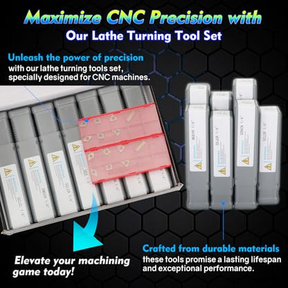 Indexable Lathe Turning Tool 21Pcs Kit 1/4'' 6mm Shank 7Pcs Metal Lathe Tools Holder Set with 14Pcs Turning Inserts for Turning Grooving Threading Boring Carbide Inserts Carbide Turning Tool - style: 7pcs 1/4" 6mm Shanks+14pcs Inserts