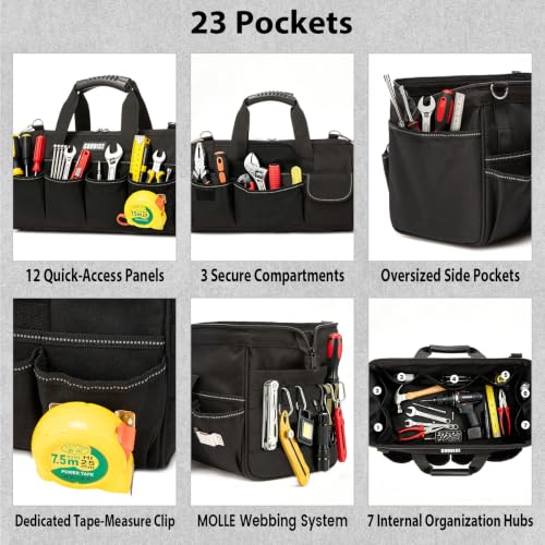 15"Heavy-Duty Tool Bag,23-Pocket Wide Mouth Tool Tote with Adjustable Strap - color: Black