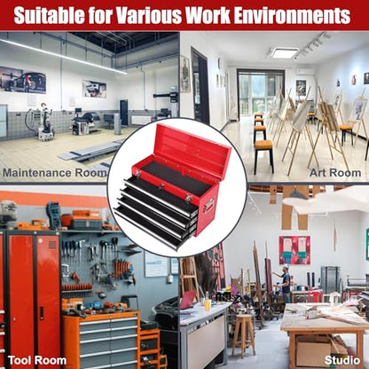 Heavy Duty Metal Tool Box, 21-inch, Portable Metal Tool Box with 4 Drawers, Small Tool Chest with EVA Liners, Ball Bearing Slide Drawers Locking & Powder Coated Finish, Multi-Function Tool Organizer - color: Tool Box-black&red