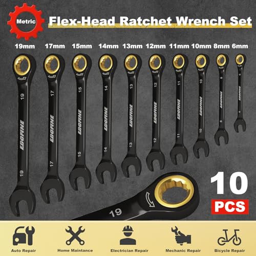 Egofine Ratcheting Wrench Set 10 Piece, Metric Wrench Set, CR-V Steel 6-19mm Wrench, 72-Teeth Combination wrench set, Black Electrophoretic Coating Ratchet Wrenches Set with Tool Roll Bag - style: Metric-10 piece set