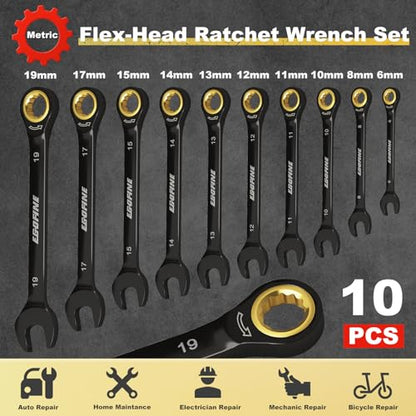 Egofine Ratcheting Wrench Set 10 Piece, Metric Wrench Set, CR-V Steel 6-19mm Wrench, 72-Teeth Combination wrench set, Black Electrophoretic Coating Ratchet Wrenches Set with Tool Roll Bag - style: Metric-10 piece set