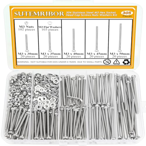 305 Pieces M3 x 30/35/40/45/50mm Hex Socket Head Cap Screws Nuts Washers Set Silver, Sutemribor M3 Long Screws, M3 Stainless Screws Nuts Washers Assortment Kit, 304 Stainless Steel, Fully Threaded - size: M3 Long Screws Kit, style: Socket Head