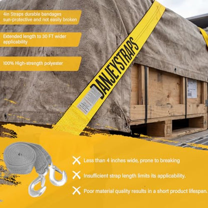 Yellow 4 Inch x 30 FT Heavy Duty Tie Down Straps - High Visibility Flatbed Trailer Straps with Flat Hooks, 6000 lbs Working Load / 18000 lbs Break Strength, 10-Pack for Truck & Cargo Securement - color: Yellow
