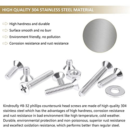 202 Pieces #8-32x 1/4", 5/16", 3/8", 1/2", 5/8", 3/4", 1", 1-1/4", Phillips Countersunk Head Machine Screws Nuts Washers Assortment Kit, 304 Stainless Steel, Fully Machine Thread - size: #8-32