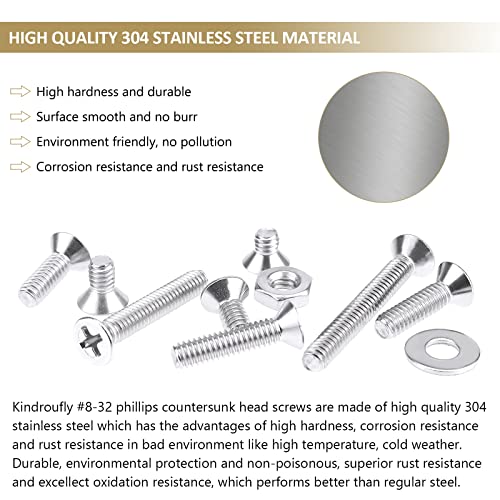 202 Pieces #8-32x 1/4", 5/16", 3/8", 1/2", 5/8", 3/4", 1", 1-1/4", Phillips Countersunk Head Machine Screws Nuts Washers Assortment Kit, 304 Stainless Steel, Fully Machine Thread - size: #8-32