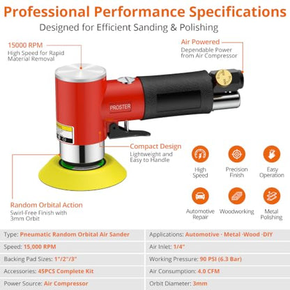 Proster Random Orbital Air Sander 1/2/3Inch Mini Pneumatic Sander Kit
