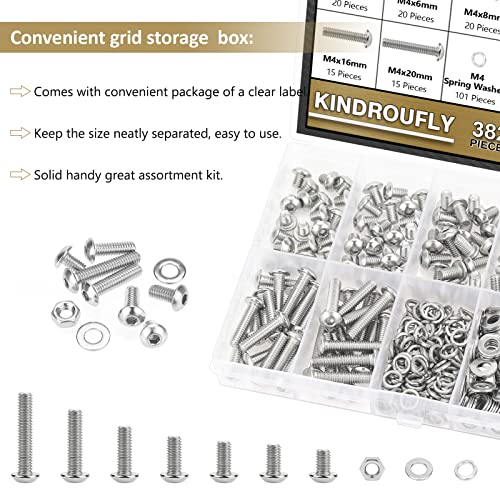 382 Pieces M4 x 5/6 /8/10 /12/16 /20mm Button Head Socket Cap Screws Nuts Washers Assortment Kit, 304 Stainless Steel, Fully Machine Thread - size: M4, style: Button Head