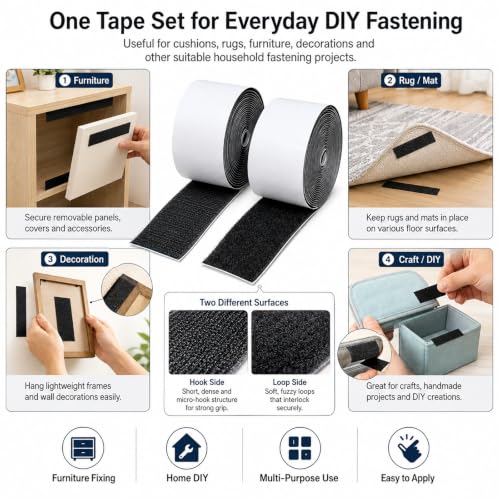 2 Inch Wide Heavy Duty Hook and Loop Tape Roll 16.4 Ft, Self Adhesive Strips with Strong Sticky Back, Removable Fastener for Wall Mounting, Home Organization, Car, No Residue - size: 2 in wide x 16.4 ft long
