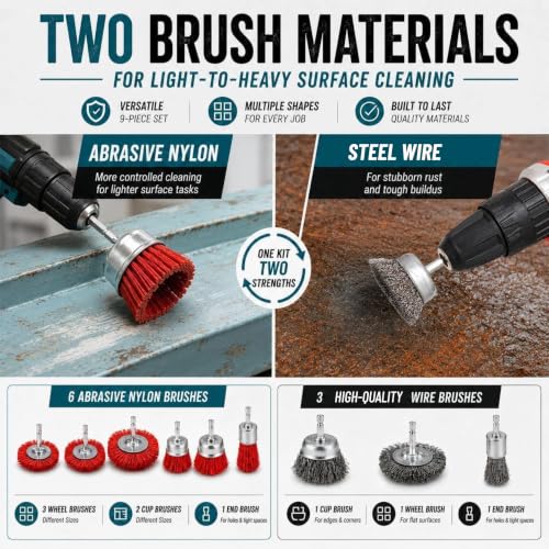 9 Pack Nylon Filament Abrasive Brush Set with 3 Wire Brushes for Drill