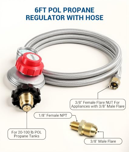 DPB 6FT Adjustable High Pressure Braided Propane Regulator with Hose - size: 6FT