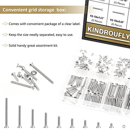 242 Pieces #2-56x 5/32", 3/16", 1/4", 5/16", 3/8", 1/2", 5/8", 3/4", 1", Phillips Countersunk Head Machine Screws Nuts Assortment Kit, 304 Stainless Steel, Fully Machine Thread - size: #2-56