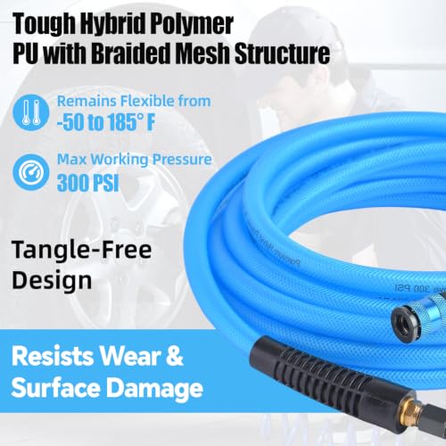 25FT 3/8 Inch Air Hose Reinforced Hybrid Polymer Polyurethane Air Compressor Hose - Flexible Heavy Duty Braided Pneumatic Hose with Quick Connect Fittings 300 PSI for Garage Automotive Use - size: 25FT