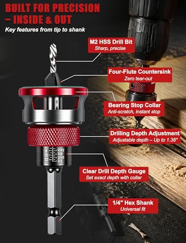 7PCS Countersink Drill Bit Set with Adjustable Depth Stop Collar