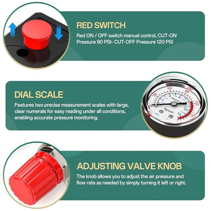 Air Compressor Pressure Switch Control Valve Kit 1 Way, 90-120 PSI, 110V-240V, With 0-180 Pressure gauge & Manifold Regulator - size: 90-120 PSI